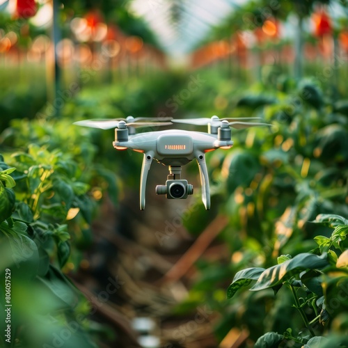 A drone flies over a field of green plants.