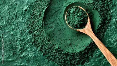 top view of wooden spoon Spirulina powder, seaweed  healthy dietary supplement