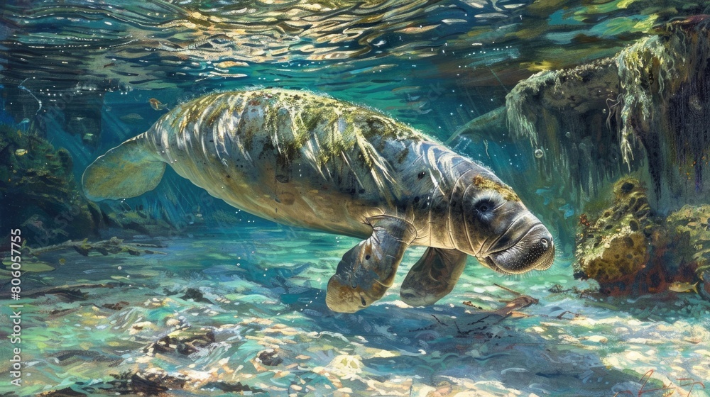 Fototapeta premium Clear Underwater View of West Indian Manatee Swimming in Weekie Wachie Springs - Mammal in Natural