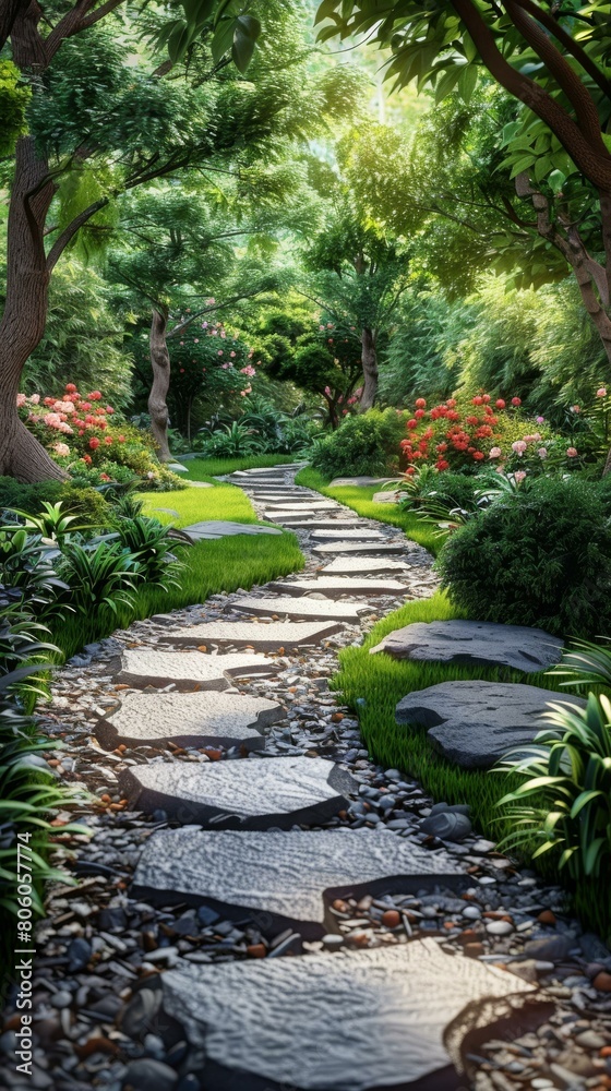 Stone path in a lush green garden