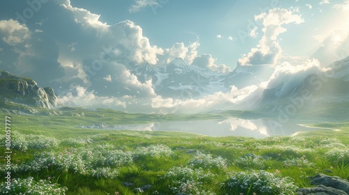Tranquil mountain meadow landscape with lake and flowers