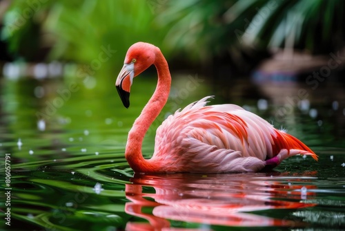 Chilean Flamingo Wading in Water. Exotic Pink Flamingo, Flame-Coloured Bird and Wildlife in Wild photo