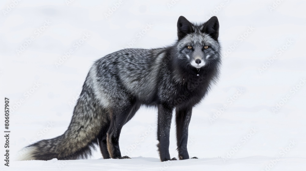 Obraz premium Beautiful Silver Fox in Candid Close-Up. Melanistic Red Fox with Captivating Gaze Standing in Snow