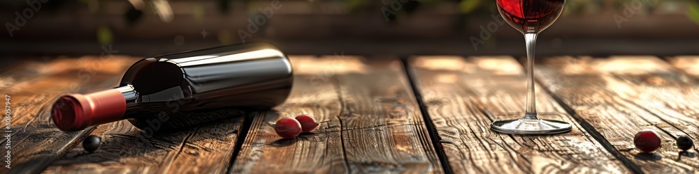 red wine bottle lying on the wooden table red wine bottle lying on the wooden table