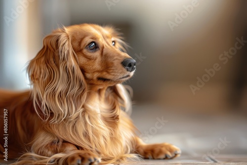 Close up of Cute Long Haired Dachshund - Golden Pet Dog Sitting on Floor