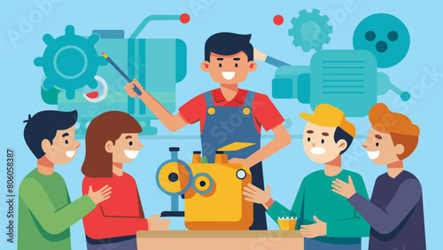 The buzzing of power tools can be heard as a skilled mechanic gives a demonstration on how to refurbish an old carburetor as novice collectors take. Vector illustration