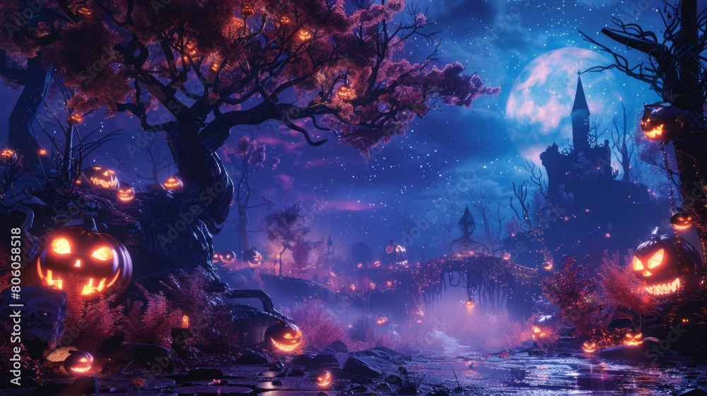 Spooky Halloween night in a creepy forest with a haunted house Spooky Halloween night in a creepy forest with a haunted house