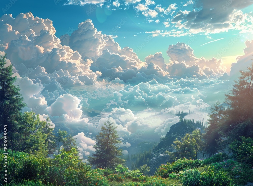 Obraz premium Fantasy landscape with fluffy clouds and green hills