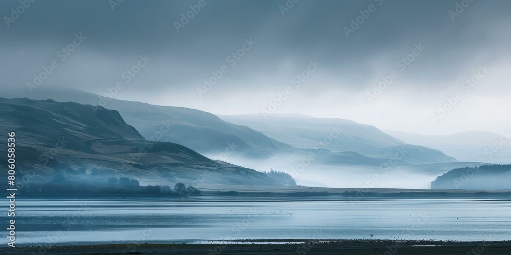 Misty mountains and loch in Scotland