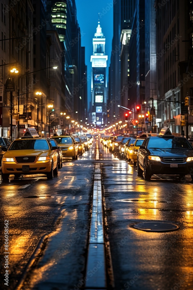 New York City street with yellow taxis at night in the rain