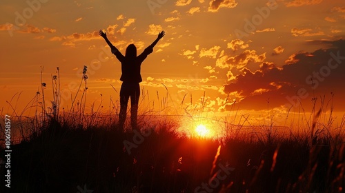 Silhouette of a person standing on a hilltop with arms raised against a sunrise background