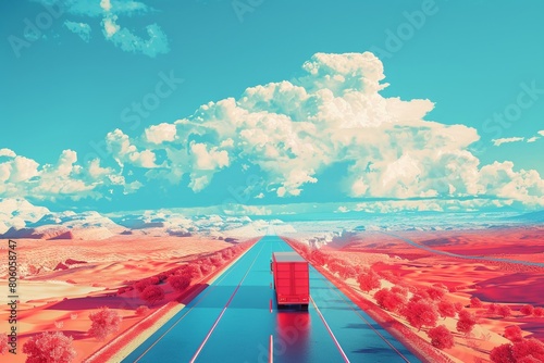 A vivid red truck cruising along a highway that stretches into a vibrant surreal landscape