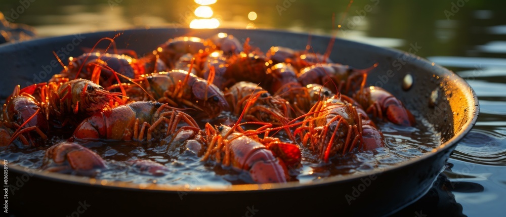 A large skillet of crawfish being boiled in the water A large skillet of crawfish being boiled in the water