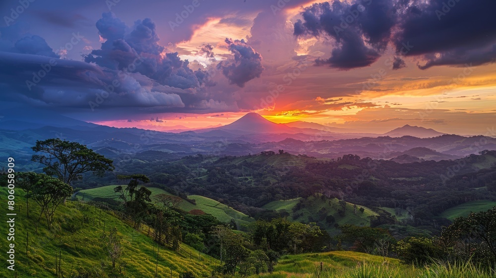 Beautiful Sunset Angle of Volcano Arenal with Colourful Landscape