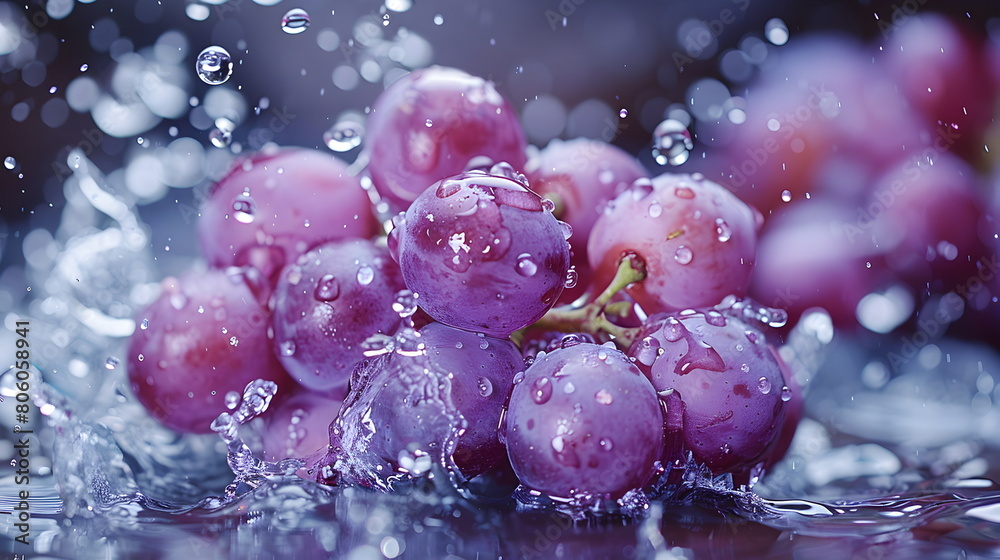 water splashing onto a purple grape, in the style of cleared background, Fresh, clean fruit juice with a purple grape flavor, a flavored fruit drinks, fresh fruit products from organic gardens. water splashing onto a purple grape, in the style of cleared background, Fresh, clean fruit juice with a purple grape flavor, a flavored fruit drinks, fresh fruit products from organic gardens.
