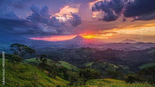 Beautiful Sunset Angle of Volcano Arenal with Colourful Landscape