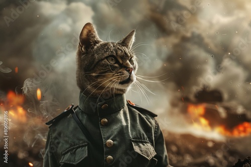 Cat in a military uniform standing alert on a battlefield with explosions and smoke in the background