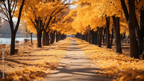 Pathway in the park with yellow autumn leaves