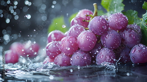 water splashing onto a purple grape, in the style of cleared background, Fresh, clean fruit juice with a purple grape flavor, a flavored fruit drinks, fresh fruit products from organic gardens. photo