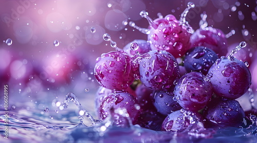 water splashing onto a purple grape, in the style of cleared background, Fresh, clean fruit juice with a purple grape flavor, a flavored fruit drinks, fresh fruit products from organic gardens.