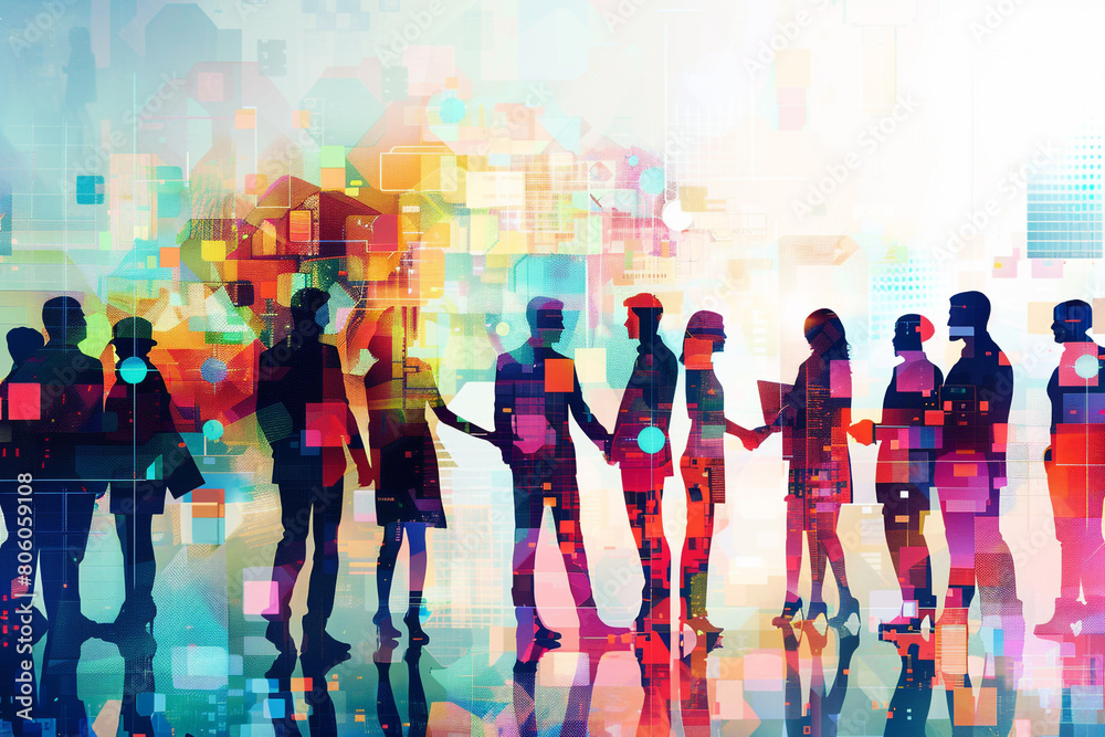 Naklejka premium A dynamic visual of a team of individuals from different departments within a company, working together to build relationships with clients and explore new market opportunities.