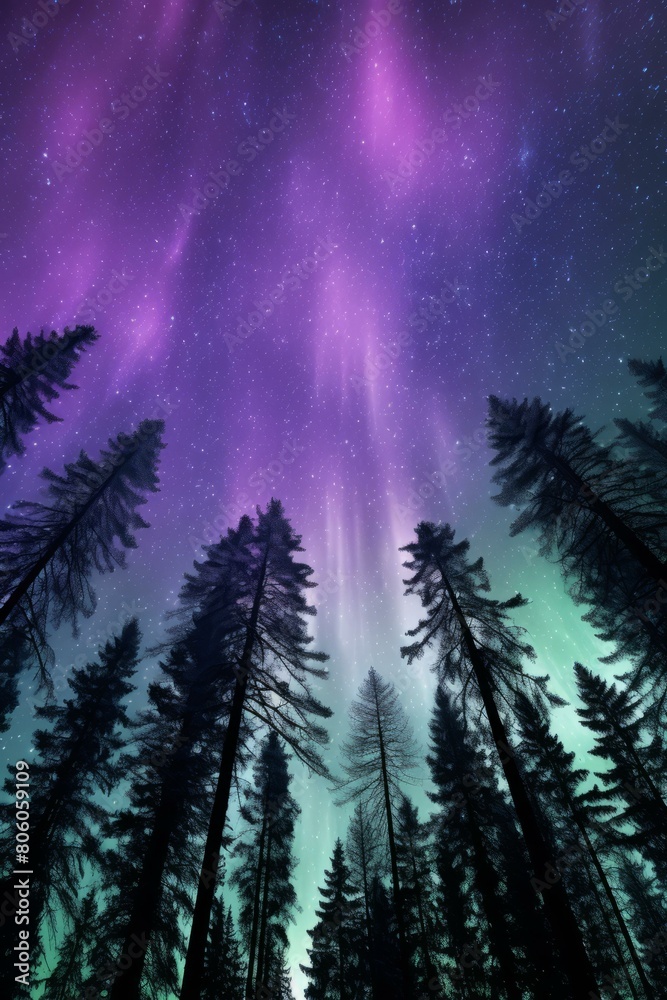 Fototapeta premium Aurora borealis or northern lights in the night sky over the forest