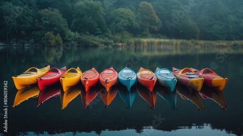 A neatly arranged lineup of sleek racing kayaks by a lakeside, each reflecting the early morning light.