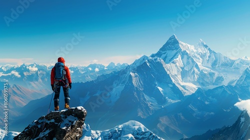 Exhausted yet exhilarated climber reaching the peak photo