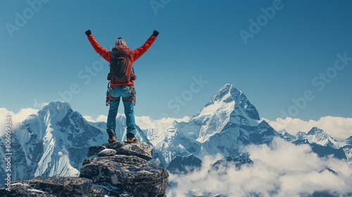 Exhausted yet exhilarated climber reaching the peak