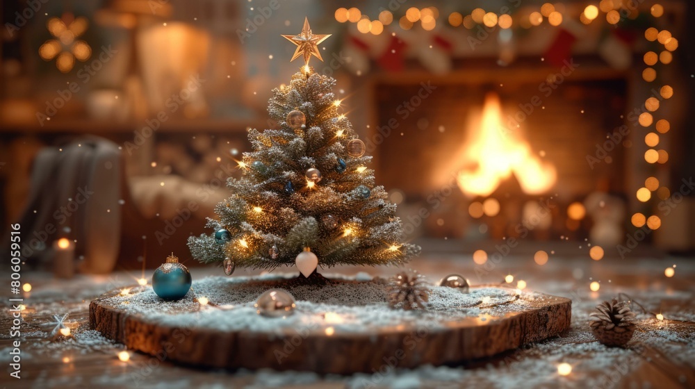 A beautifully decorated Christmas tree sits in front of a cozy fireplace