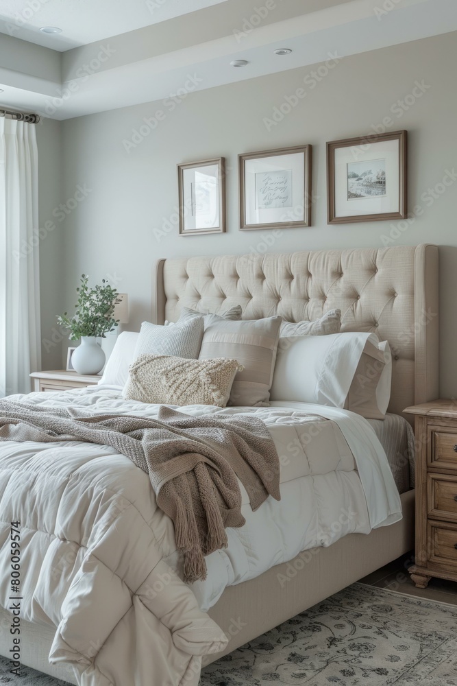 A cozy and inviting master bedroom with a neutral color palette A cozy and inviting master bedroom with a neutral color palette