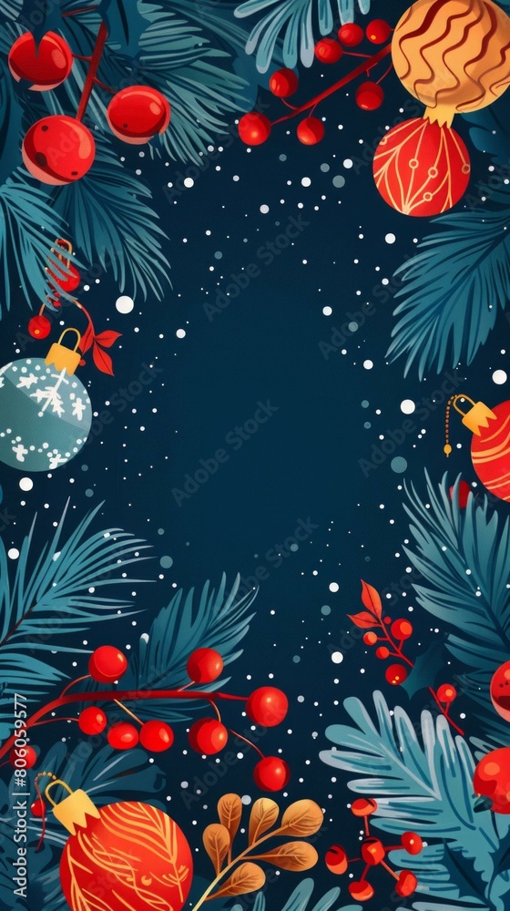 Obraz premium Christmas background with blue pine branches and red berries