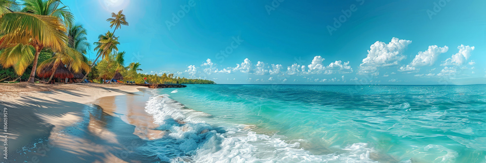 beautiful turquoise ocean and palm trees on an exotic beach,with clear blue skies and white sandy beaches. , perfect for vacation , copy space