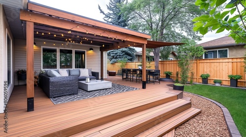 A neatly staged outdoor deck renovation with fresh staining and modern outdoor furniture under a newly installed pergola. photo