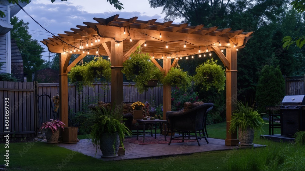 A newly installed gazebo in a backyard garden, complete with hanging plants and outdoor string lights for evening ambiance. A newly installed gazebo in a backyard garden, complete with hanging plants and outdoor string lights for evening ambiance.