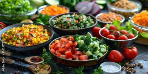 Various fresh vegetables and spices on a dark background photo