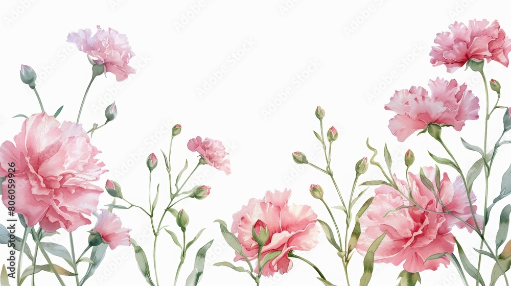 item design, pink carnations border frame on white background, watercolor style.