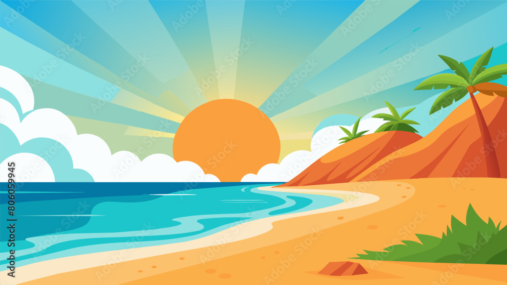 A sundrenched beach warmth radiating from the sand and the soft lull of waves lapping at the shore inviting the mind into serenity.. Vector illustration