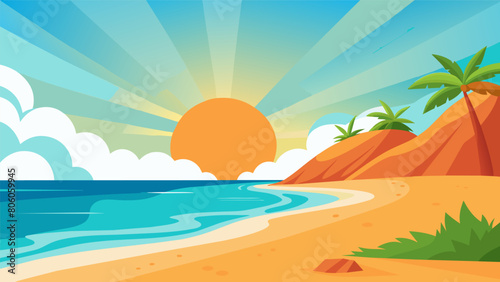 A sundrenched beach warmth radiating from the sand and the soft lull of waves lapping at the shore inviting the mind into serenity.. Vector illustration