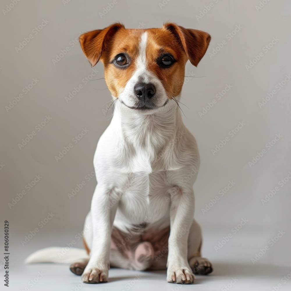A cute Jack Russell Terrier sitting on a white surface