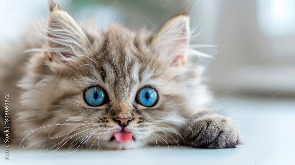 Adorable Cat Licking Lips. Funny Longhair Kitten with Big Blue Eyes. Beautiful Feline on White Adorable Cat Licking Lips. Funny Longhair Kitten with Big Blue Eyes. Beautiful Feline on White