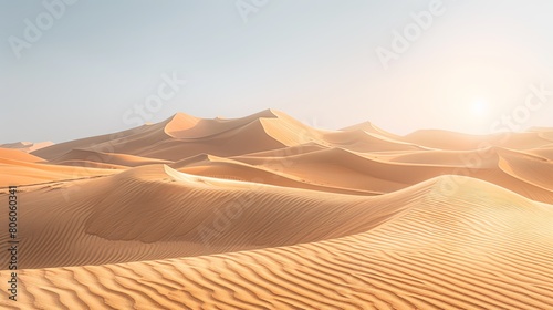 Sand Dunes, Captivating view of rolling desert dunes under a clear sky.