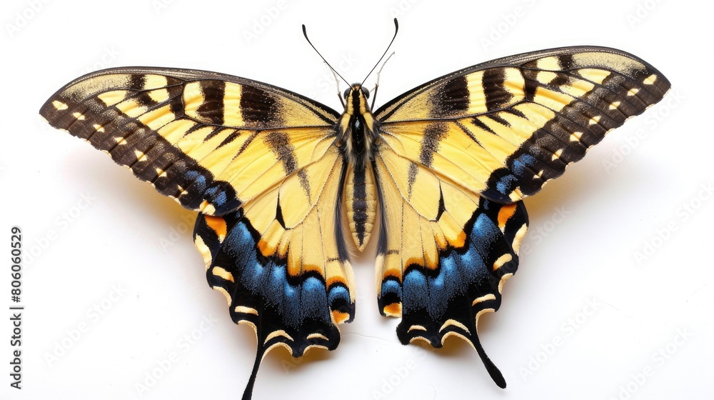 Beautiful Eastern Tiger Swallowtail Butterfly Isolated on White Background - Yellow and Blue Beautiful Eastern Tiger Swallowtail Butterfly Isolated on White Background - Yellow and Blue
