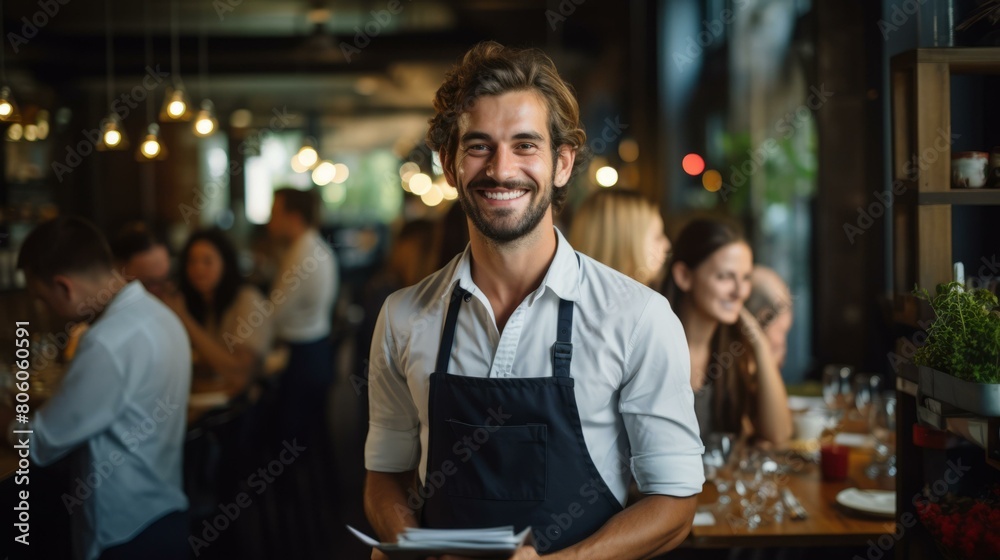 Portrait of a waiter holding a notepad and pen in a restaurant