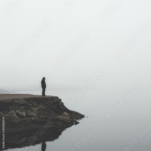 Man standing alone on a pier in the fog photo