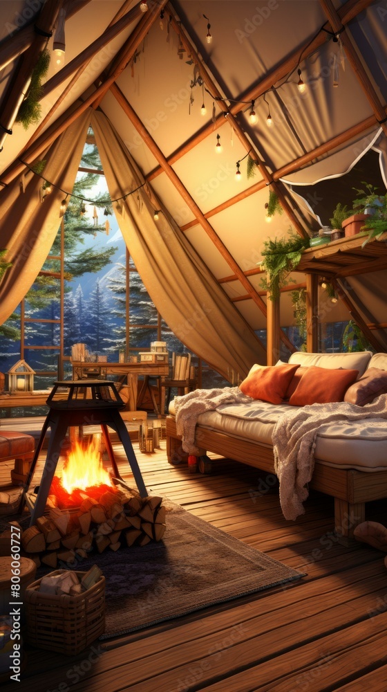 Cozy cabin in the woods with a fireplace and a view of the snowy mountains