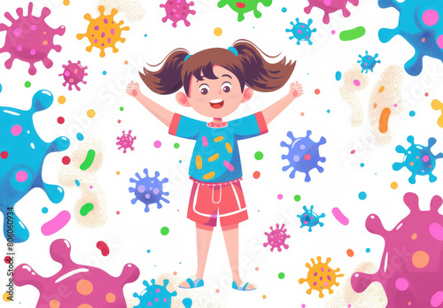 Cute girl surrounded by bacteria  happy expression  vector illustration style with flat colors and simple shapes on white background.