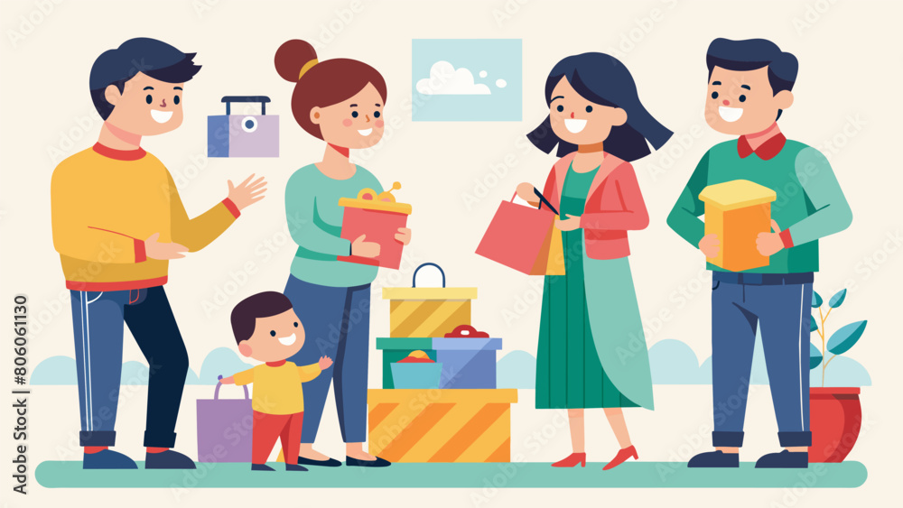 A mother and father happily chat with other shoppers at a childrens consignment sale swapping tips on how to score the best deals.. Vector illustration