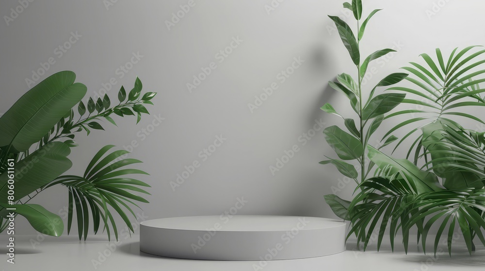 3d gray stage background product display podium scene with leaf platform, grey background vector 3d render with podium, stand to show cosmetic product, 3d Stage showcase on display white background