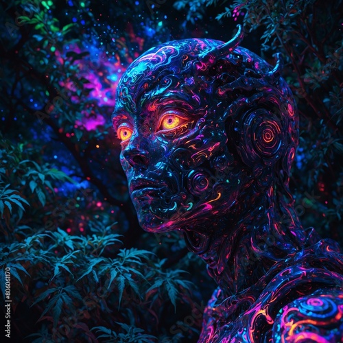 Futuristic alien face in the dark forest with neon lights. 3d rendering